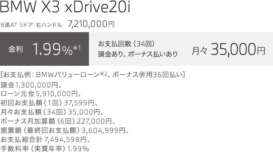 BMW X3 xDrive20i　お支払い例