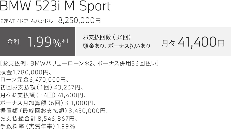 BMW 523i M Sport　お支払い例