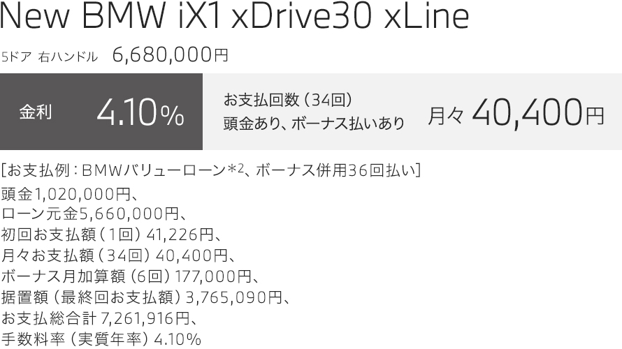 New BMW iX1 xDrive30 xLine　お支払い例
